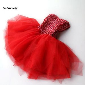 Słodki czerwony kryształowe tiul krótkie sukienki koktajlowe z ramiona różowy mini formalny sukienka imprezowa suknie balowe szata de koktajl 261J