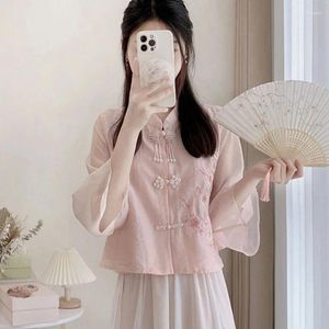 Этническая одежда в китайском стиле розовый Cheongsam Top молодая девушка Tang Одежда Улучшенная вышивая цветочная рубашка ханфу рубашка мандарина