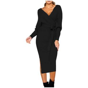 Women's Elegant Wrap Sweater V Neck Long Sleeve Knitting Midi Dresses Solid Color Belted Oversized Dress for Women Robe