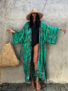 Strandtäcke upp slipsfärgad randig tryckt kimono kvinnor lång sommar elegant bälte baddräkt strandkläder outfits försäljning
