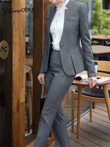 Katı Kadın Ofis Setleri 2023 Moda Uzun Kollu Tek Düğme Gevşek Blazers Zarif Yüksek Belli Pantolon Takımları