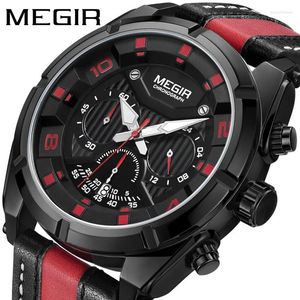 Armbandsur Megir Sport Mens Watches Top Leather Quartz Watch for Men Waterproof Military Wristwatch Relogio Masculino