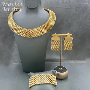 Necklace Earrings Set Vintage African Jewelry For Women Chunky Bracelet Dubai 18K Gold Plated Copper Jewellery Party Wedding