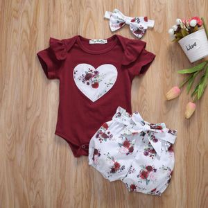 0-24 Months Newborn Girls Summer Clothes Outfits Ruffles Heart Print Romper Flowers Printed Shorts Bowknot Headband 3 Pcs L2405