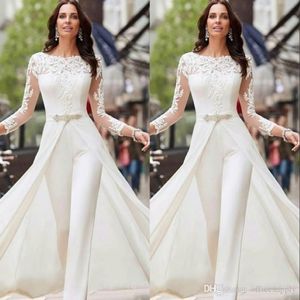 Eleganckie białe kombinezony Spodnie Suknie ślubne koronki z długim rękawem z przeornymi koraliki kryształy suknie ślubne vestidos de novia 259e