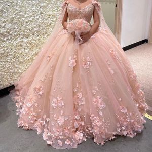 2021 Романтические румянец 3D цветы Бальные платья Quinceanera Prome с накидкой кафтан