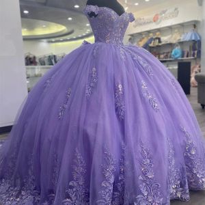 Платья лаванда блестящая принцесса от плеча Quinceanera платья 2024 Sexy Vneck кружев