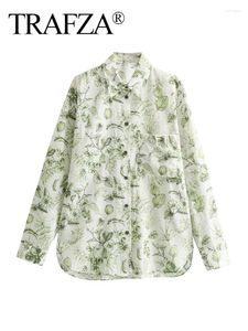 Women's Blouses TRAFZA 2024 Woman Long Sleeve Vintage Women Causal Light Green Print Lapel Single-Breasted Pocket Decorate Shirt Top