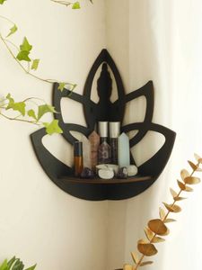 Storage Holders Racks Black Wooden Shelf Lotus Statue of Buddha Wall Floating Corner Display Stand Boho Home Decoration Meditate Decor H240516