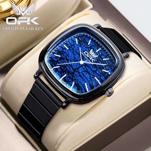 Wristwatches OPK Fashion Origin Mens Quartz Watch Waterproof and Luminous Stainless Steel Watch with Blue Watch Square dial Mens WatchL2304