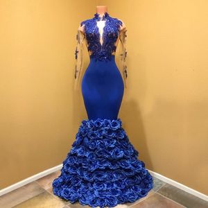 Royal Blue Flowers Mermaid Prom Dresses High Neck långa ärmar Applices Satin Golvlängd Sexig aftonklänningar 247T