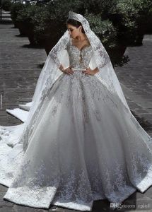 가벼운 샴페인 V 목 크리스탈 레이스 볼 가운 웨딩 드레스 무슬림 긴 슬리브 오픈 백 플러스 크기 신부 가운 실제 사진