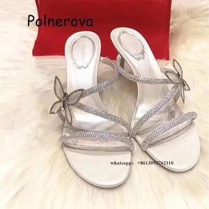 Slippers Rhinestone Butterfly Heels Sapatos femininos Summer Casual Bling One Word Belt Slip On Ladies Fashion Luxury