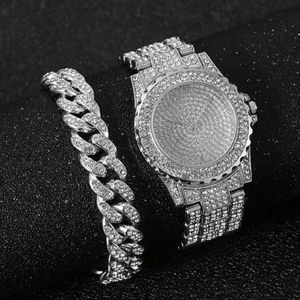 Wristwatches Watch Bracelet For Women Cuban Chain Charm Iced Out Fashion Luxury Gold Set Jewelry Relojes 273H