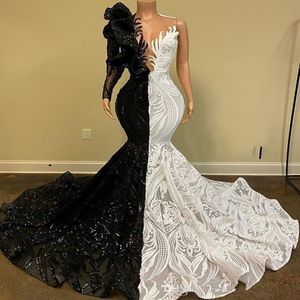 Svartvit sjöjungfru 2021 Prom Dresses Lace Sequined aftonklänning African One Shoulder Long Sleeve Party Vestido 210s