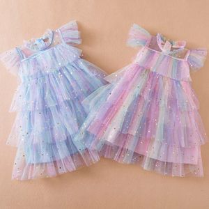 Nuove bambini Summer Girls Sequestri Mesh Layer Cake Rainbow Vestidos Principessa vestiti per bambini Abito da ballo di compleanno 3-8 anni L2405