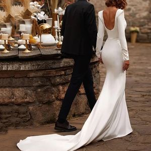 Abito da sposa bianco a sirena semplice e sexy con schiena satinata senza pieghe con cerniera abito da sposa a maniche lunghe con treno di colletti quadrati 2024 240515