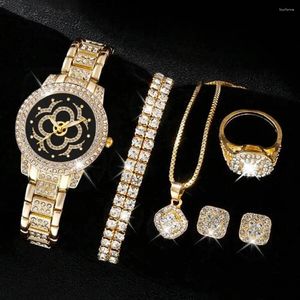 Armbanduhren 7pcs Set Women Luxus lässig Mode Quarz Uhr Halskette Ohrrand Armband Ringkleid Uhr Montre Femme