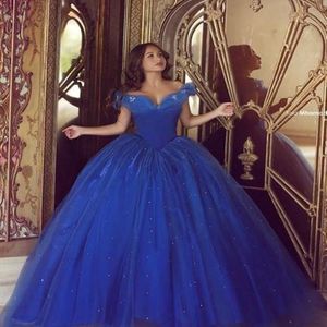 Królewskie Blue Cinderelle quinceanera sukienki Ruched Sexy z tiulu na ramię niestandardową suknię piłkarską Tiul Sweet 16 Controse suknia 260U