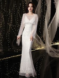 Party Dresses Elegant Women's Evening Dress 2024 V-neck Slim Fishtail Long Sleeved Sequin Scale Perspective Floor Length Ball Gown