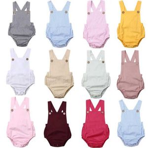 Rompers 11 färg nyfödda pojkar och flickor tätt montering kläder sommarknapp upp jumpsuit ränder avslappnad ärmlös rygglös fast klänning D240516