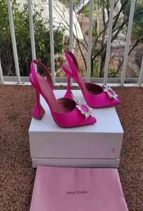 أمينة مواددي موسم أزياء أمينا مواددي حذاء Pink Begum 95 Satin Slingback Pumps Crystal Sunflower High Cheels Real Pos Rxv192x8315246