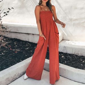 2024 new women's solid color camisole pleated casual style commuting high waisted jumpsuit F51734
