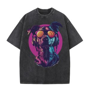 Neon Cute Dog Graphic T Shirts for Men Cyberpunk Style Printed Oversized T Shirt Distressed Washed Cotton Tops 240516