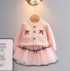Two-Pieces Sets For Girls Autumn Winter Clothing Set Baby Girl Knitted Tops+Gauze Skirts