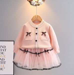 Set da due pezzi per ragazze abbigliamento inverno autunno set da bambina a maglia+gonne di garza