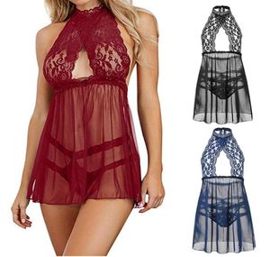 Donne Babydoll ritagliato con buco della serratura con colletto con abbigliamento da sonno sleep abito sexy in pizzo e lingerie senza schienale a rete9354031