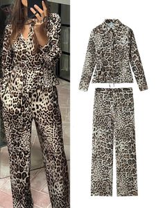 Blingblingee Y2K Thin Leopard Print Women Short Blouse Sets Traf Summer Wrist Sleeve Slim Shirt Memale Top Long Pants Suits 240516