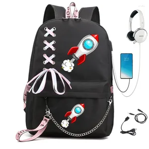 Backpack Space Rocket Cartoon Bags para meninas Escola secundária Bagpack estudante universitário Rucksack USB Charging Mochila Escolar