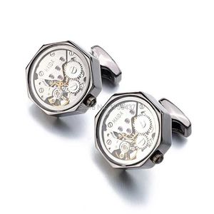 Cuff Links Functional watch sports cufflinks with glass stainless steel steam punk gear mechanical cufflinks suitable for mens Relojes gemelos