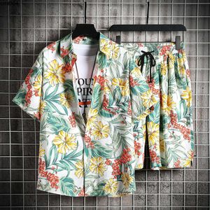 Broken Flower Ice Silk Shirt Dwuczęściowy zestaw dla mężczyzn luźne dopasowanie duży rozmiar modna ulica plażowa turystyka para wakacji