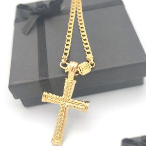 Pendant Necklaces Cross 24 K Solid Gold Gf Charms Lines Necklace Curb Chain Christian Jewelry Factory Wholesalecrucifix God Gift Drop Otu2B