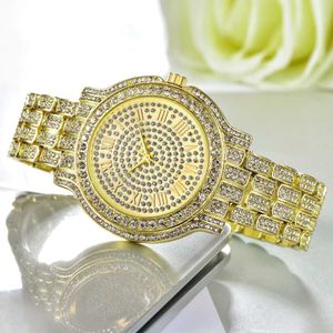 Rostfritt stål män kvinnor tittar på mode glänsande full diamant datum kvarts titta unisex armbandsur bing bling höft hip armbandsur guld s 189c