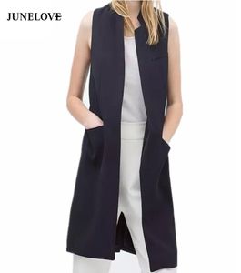 Junelove New Blazer Casual Vest Cole -Captle Women Stand Collar Suit de traje longo Casaco feminino Bolsos pretos Bolsos de gelo Trabalho 2011022621093