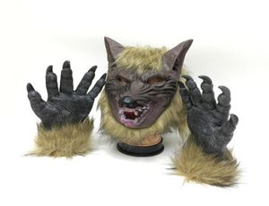 Halloween Wolf Mask Werewolf Gloves Creepy Wolf Costume Terror Devil Fancy Headdress Dress Party Props Wolf Headgear Gloves Set Me2803124