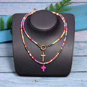 Pendant Necklaces MOON GIRL 85cm Long Cross Pendant Necklace for Women Fashion Colour Beads Boho Double Layer Statement Femme Choker Dropshipping J240516