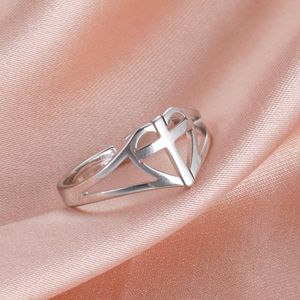 Stainless Steel Love Heart Wedding Ring For Women Girls Christian Cross Rings Adjustable Jesus Jewelry Accessories Gifts