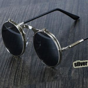 Güneş gözlükleri steampunk yuvarlak kadın erkekler metal vintage filp dairesel çift lens güneş gözlükleri stil çember tonları gafas de sol uv400sunglass 267o
