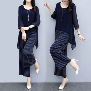 S-3XL Summer Chiffon 2 Two Piece Set Outfit Plus Size Asymmetrical Blueses and Wide Ben Pants Suits Eleganta koreanska uppsättningar 210721