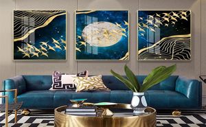 Abstract Wall Art Canvas Målning Blue Golden Moon Mountain Birds Nordic Affischer Prints Wall Pictures for Living Room Modern Home 4081376