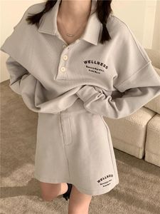Work Dresses 2024 Autumn Winter Gray Skirt Suits Women Korean Letter Print Loose Casual Sweatshirt And Short 2 Pieces Set Polo T Shirt