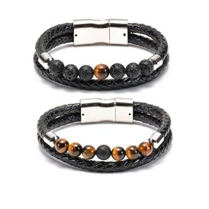 Beaded Fashion Energy Natural Lava Stones White Howlite Double-Row Leather Rope Armband Men Stone Yoga Armband Drop Delivery Jewel DH7IQ