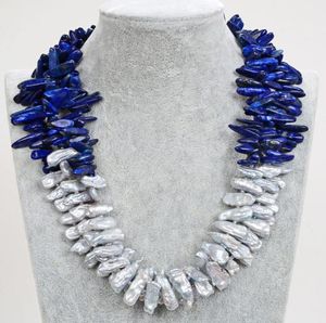 Guaiguai Biżuteria Naturalna szara biwa perłowa blue lapis naszyjnik ręcznie dla kobiet prawdziwy klejnoty kamienna dama mody 1031766