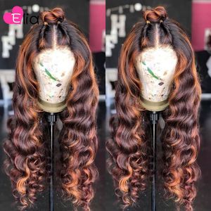 Highlight Brown Ombre Colored Lace Frontal Wig 180 Density Remy Peruvian 100% Human Hair for Black Women seamless natural