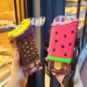 Water Bottles Summer Cute Donut Ice Cream Bottle With Straw Creative Square Watermelon Cup Portable Leakproof Tritan BPA Free 345S