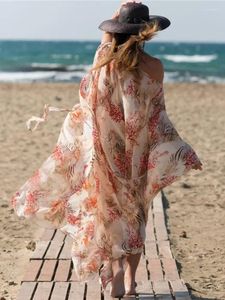 Sexig strand täcker tuniker för tryckt chiffong långa kvinnor klänning plus storlek mantel de plage sarong wrap q1294